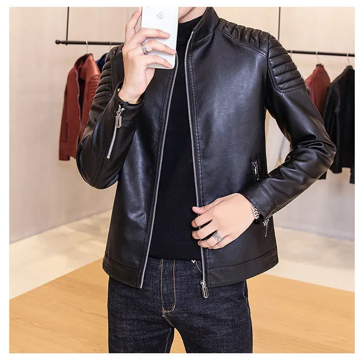Autumn PU Leather Men's Casual Long Sleeve Stand Collar Zipper Jacket Men Youth Slim Fit Coat Men'S Wear