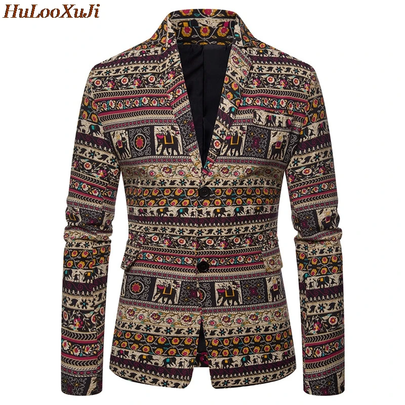 HuLooXuJi Men Plus Size Suits Retro Casual Printed Cotton Linen Nightclub Party Dress Jacket Hawaiian Holiday Suits US Size:M-4L