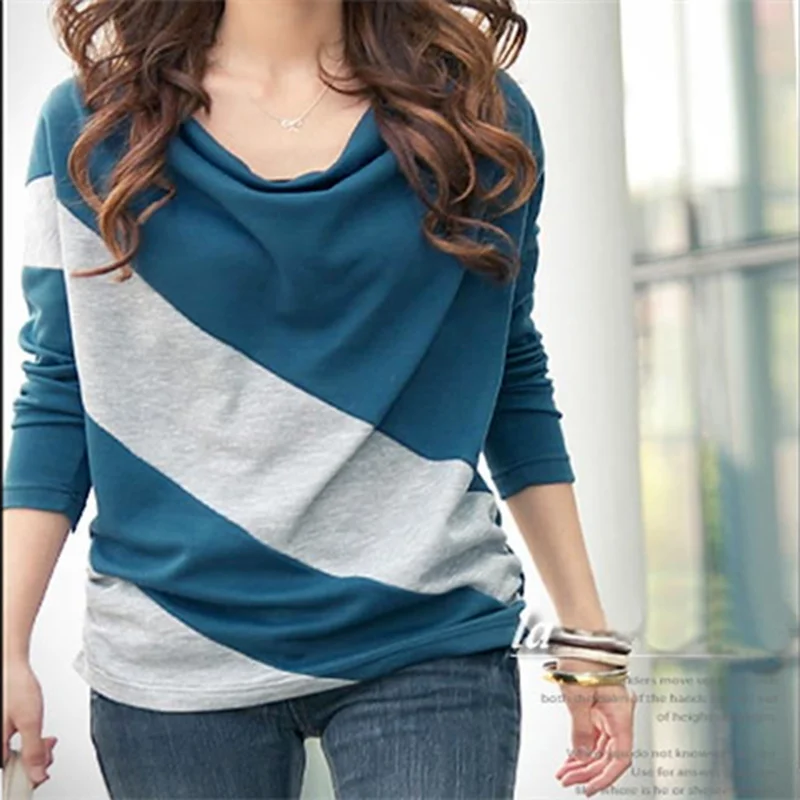

Spring and Autumn New Korean Fashion All-match Loose Color Matching Women's Cotton Long-Sleeved T-shirt