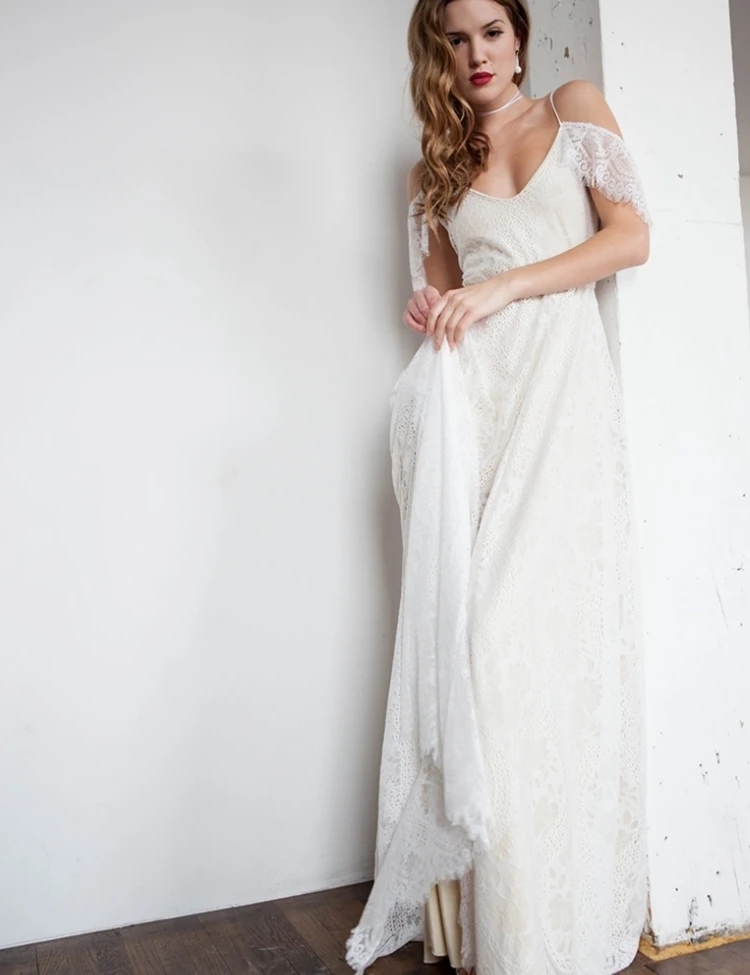 Boho sem costas vestido de casamento renda praia longo barato - Main Image