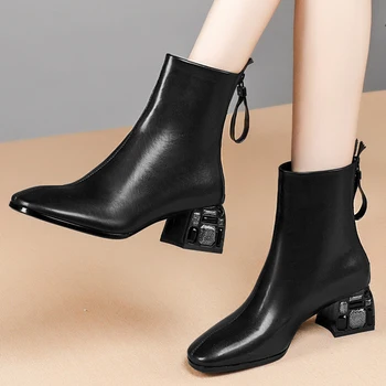 

Solid Rhinestone High Heels Dancing Party Shoes Woman Winter New Genuine Leather Fashion Short Boots Women Ankle Boots