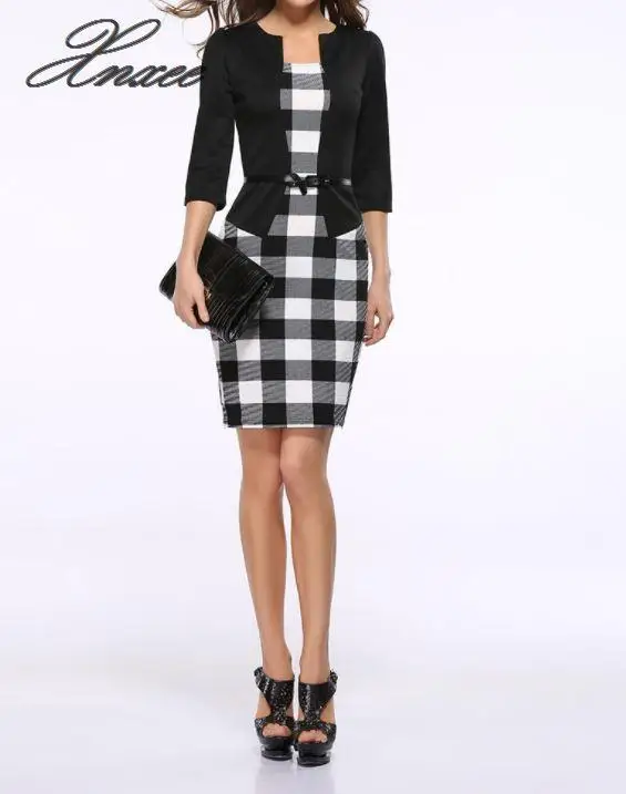 

2019 fashion work dress o neck three quarter sleeve women clothes plus size XXXL fake two piece dresses with belt