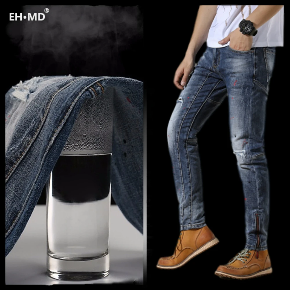 EH·MD® Spliced Ink Paint Jeans Men's Loose Slim Fit Scratched Holes Zipper Calf Pants Breathable Three-dimensional High Stretch