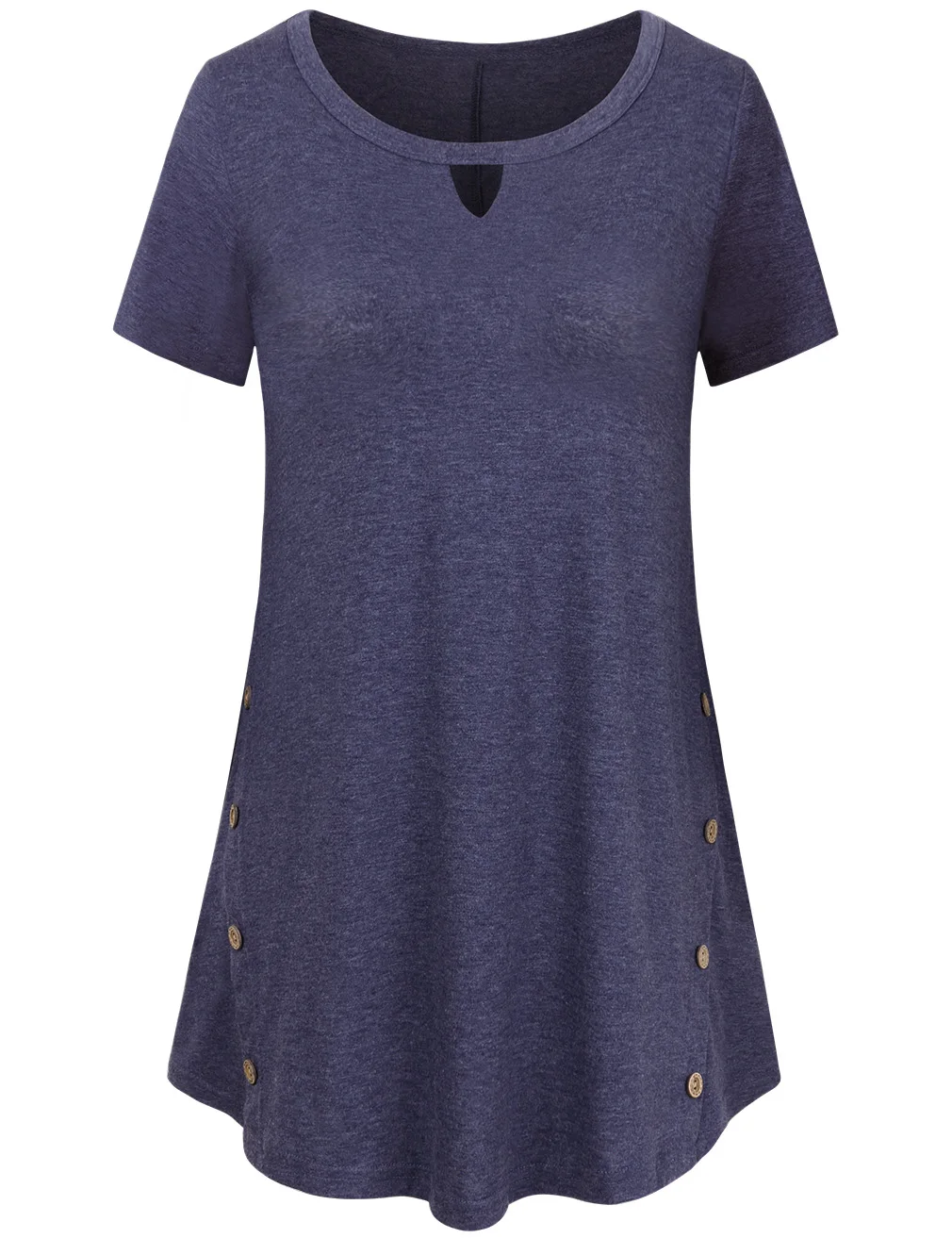 Dark blue Летняя женская повседневная футболка средней длины с круглым воротником и коротким рукавом на боковой пуговице - Цвет: Dark blue