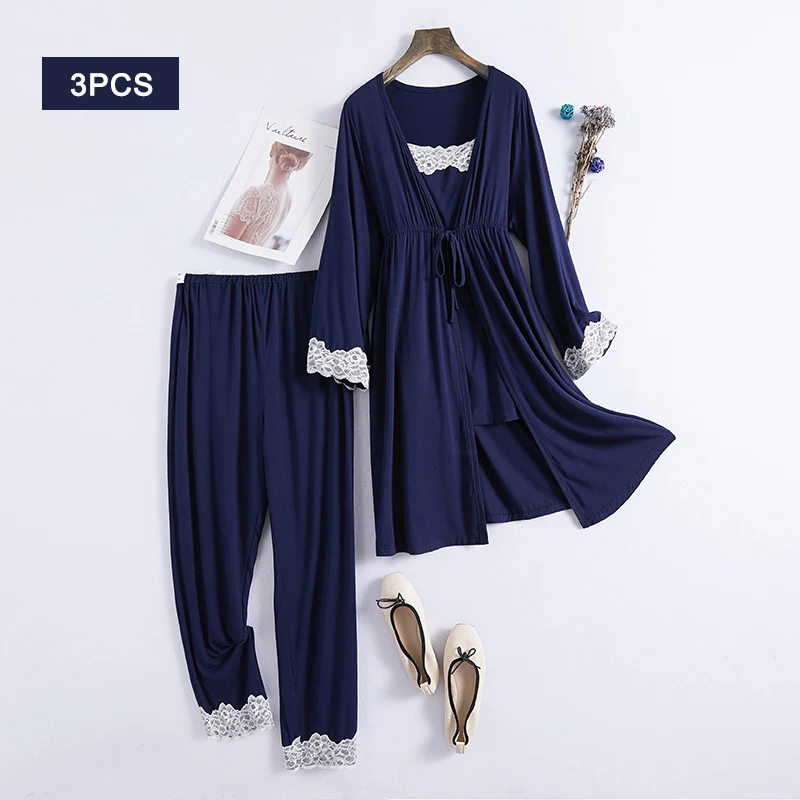 Navy blue 3 шт./компл. пижамы для беременных, кормящих грудью из хлопка Пижама для беременных Кружева пижамы для беременных, кормящих грудью для беременных ночная рубашка для грудного вскармливания - Цвет: Navy blue