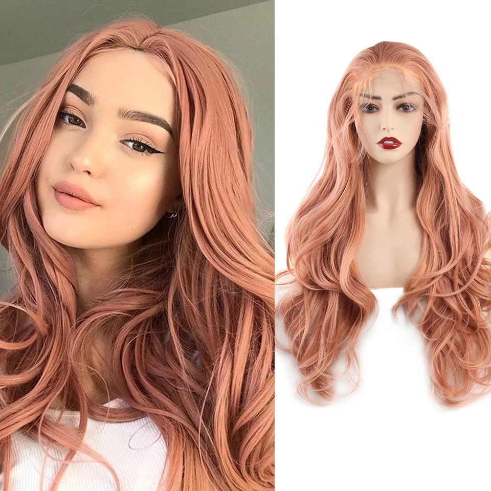 

Pink Synthetic Lace Front Wig For Women 24Inch Body Wave Fake Hair Extension Synthetic Wig Heat Resistant Cosplay Blonde Purple