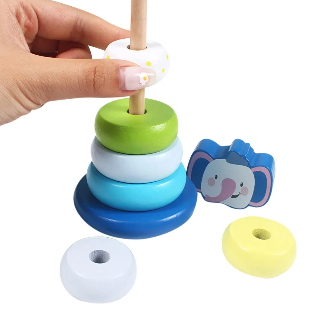 Montessori Kid Education Funny Toys Wooden Rainbow Tower Colorful Rings Stacked Toys For Boy Girl Kids Baby Children Gift