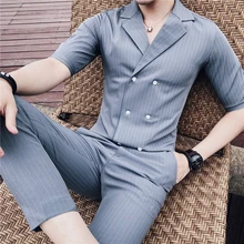 Black White New British Stripe Double Breasted Shirt + Pant Suit Summer Grey Blue Stripe Shirt Set Smoking Uomo Trajes De Hombre
