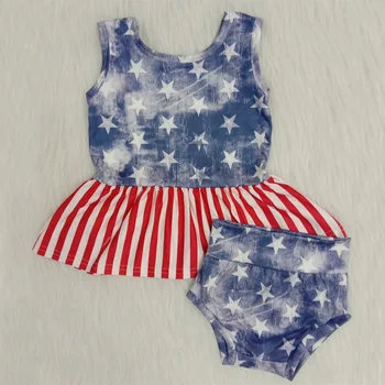 

4th Of July Toddler Baby Girls Clothes Blue Star Print Top+Bummie 2pcs Outfit Set Boutique Kids Clothing Summer