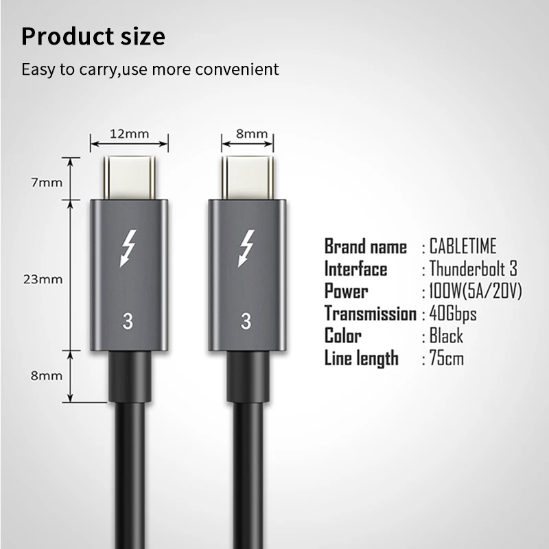 CABLETIME PD 100W 40 Гбит/с портом Thunderbolt 3 Тип Кабеля C до USB Сертифицированный быстрое USB C кабель для Macbook Pro Quick Charge C024