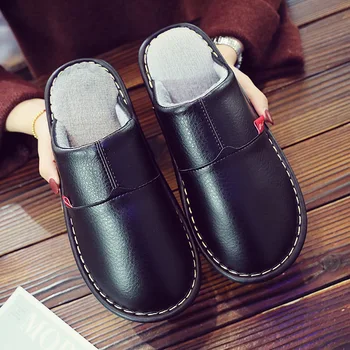 

Winter Man Slippers Indoor Waterproof Leather Home Slippers Short plush unisex Cozy Female slippers Man winter shoes Big size 46