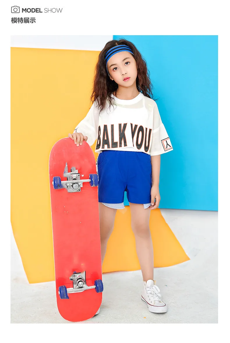 Children White Jazz Dance Costumes Girls Letter Crop Top Blue Shorts Dance Sets Hip Hop Modern Party Stage Outfits (29)