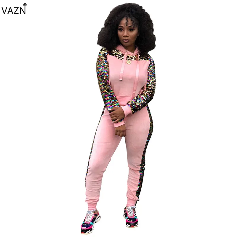 VAZN/осень, хит, повседневный Женский комплект из 2 предметов, 5 цветов, с принтом, с длинным рукавом, с капюшоном, с блестками, комбинезоны, Женский комплект с вырезами, YM-8307 - Цвет: Розовый