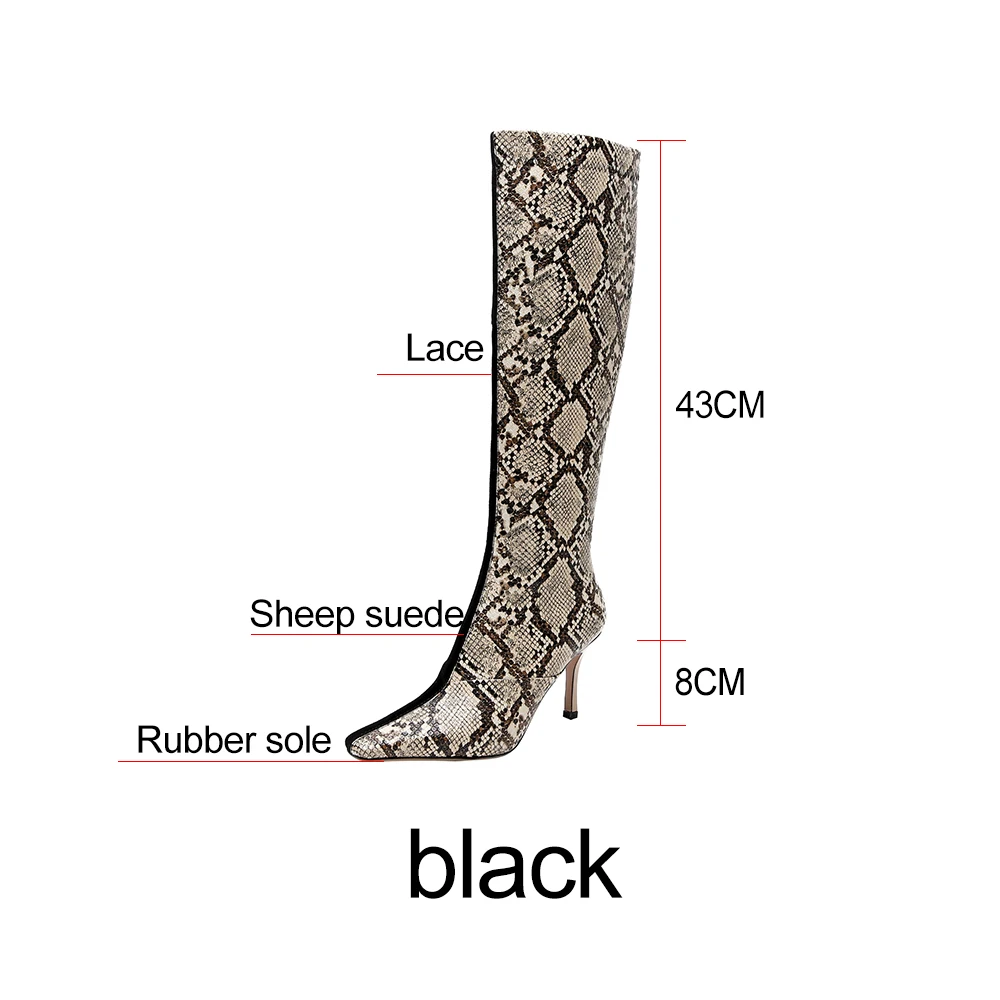 ODS Mixed Colors Snake Print Leather Winter Boots Womens Knee High Women High Heels Boots Pointed Toe Shoes Female Shoes Ladies - Цвет: Черный