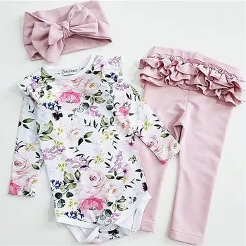 

Toddler Girl Clothes 2019 Newborn Baby Girl Kid Ruffles Flower Bodysuit Tops + Pants + Headband Three-Piece Suit