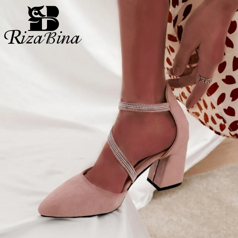 

RizaBina Plus Size 32-48 New Fashion Women Pumps Shoes Modern Crystals Pointed Toe Shoes Women Thick Heels Buckle Footwear