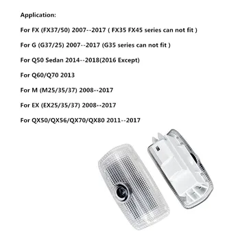 

2PCS LED Car Logo Door Welcome Light For Infiniti Q50 Q60 Q70 QX50 QX56 QX70 QX80 FX37 FX50 G37 G25 M25 M35 M37 Car Accessories