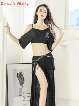 

New style belly dance training suit loose Half Sleevestop + dynamic tassel hot drill skirt practice Set Women Egypt Dance Clothe