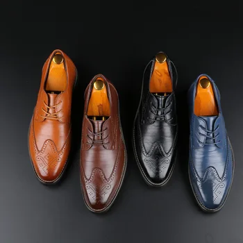 

2020 Men Dress Leather Shoes Casual Brogue Shoes Formal Office Lace Up Oxfords British Style Party Shoes Big Size 37-48