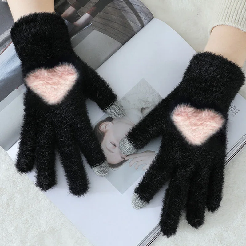 Korean Women Rabbit Fur Knit Mittens Winter Warm Outdoor Sport Cycling Plush Thick Cute Heart Touch screen Driving Gloves I3 8