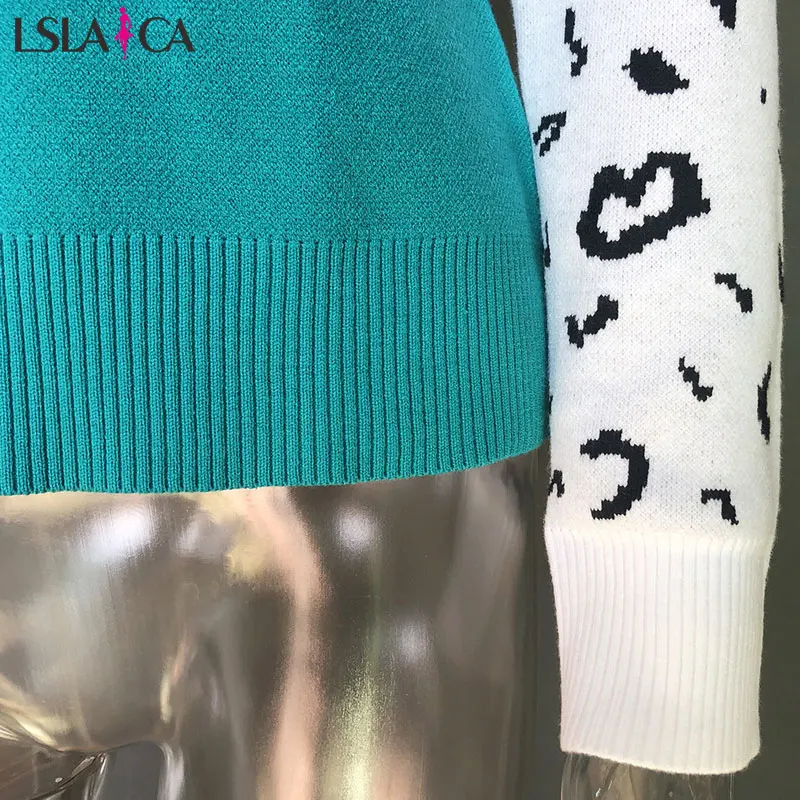 Свитер для женщин контрастного цвета мозаичная леопардовая рубашка с длинными рукавами женская трикотажная Повседневная Свободная осенняя одежда с круглым вырезом