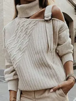 

Women One Shoulder Solid Knitted Sweater Casual Jumper Top Sweater Pullovers Female Sweater