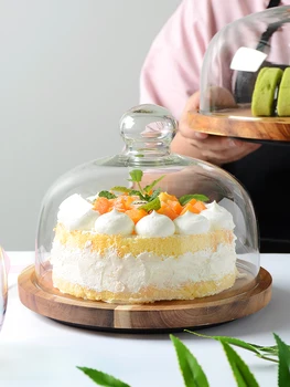 

Rotating wooden cake plate pizza dessert display tray glass cover with cover try wood tray