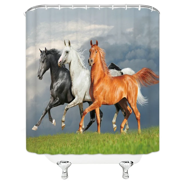 Black White Horse Shower Curtains Strong Animal Running on the Snow Bathroom Decor Home Bathtub Waterproof Polyester Curtain Set L3760