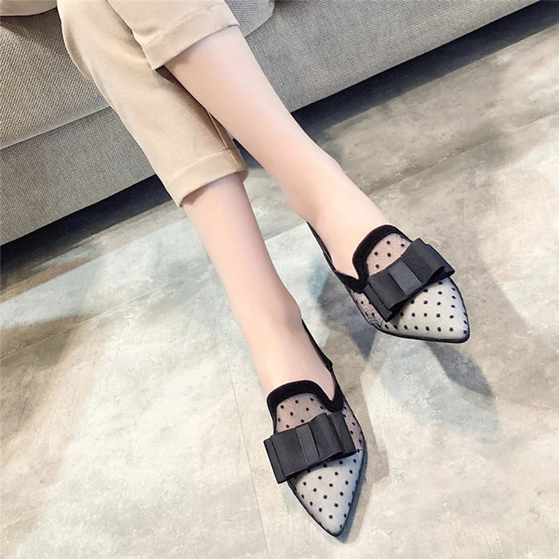 Черные Сетчатые женские туфли лодочки с узором в горошек Женские острым закрытым