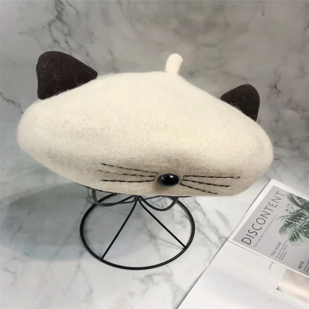 Ivory Женские и детские милые шерстяные береты с кошачьими ушками, женские подходящие детские зимние шапки с вышивкой кошачьими мордочками, женские повседневные теплые шапки для художника - Цвет: Ivory
