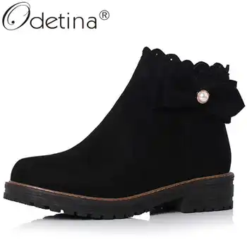 

Odetina Women Winter Faux Suede Side Zipper Sewing Short Boots Female Ruffles Round Toe Bow Block Chunky Heel Pearl Ankle Boots