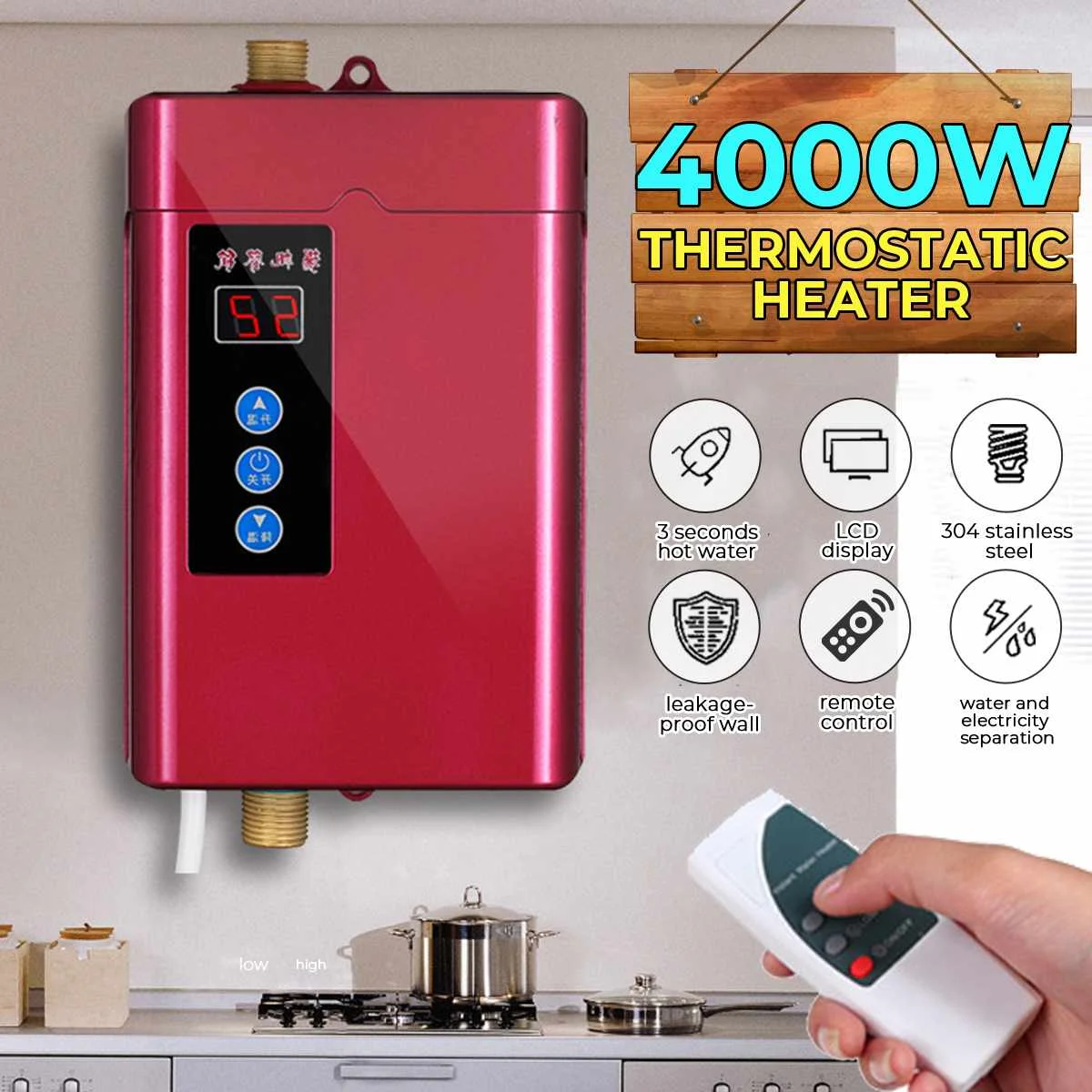 EU/US Plug 4000W Electric Tankless Instant Hot Water Heater Kitchen Bathroom Shower Sink Tap Thermostat