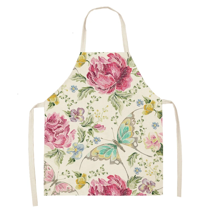 1PC Cotton Butterfly Sleeveless Apron Linen Flower Printed Kitchen Pinafore Women Home Cooking Baking Waist Bib 53*65cm WQL0147 - Цвет: WQL0147-22