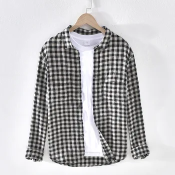 

2020 Men's Long Sleeve Shirts 100%Linen Summer Casual Plaid Shirts Man Turn-down Collar Blouse Tops Y2482