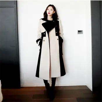 

Women Autumn Winter Long Wool Blend Coat Elegant Button Warm Woolen Jacket Loose Patchwork With Belt Female Coat