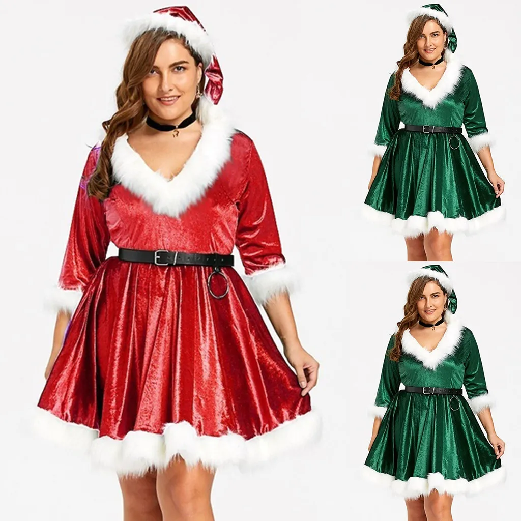 

christmas dress Women Christmas Solid V-neck Long Sleeve Velvet Terry Mini Dress+Belt+Hat Autumn of 2019