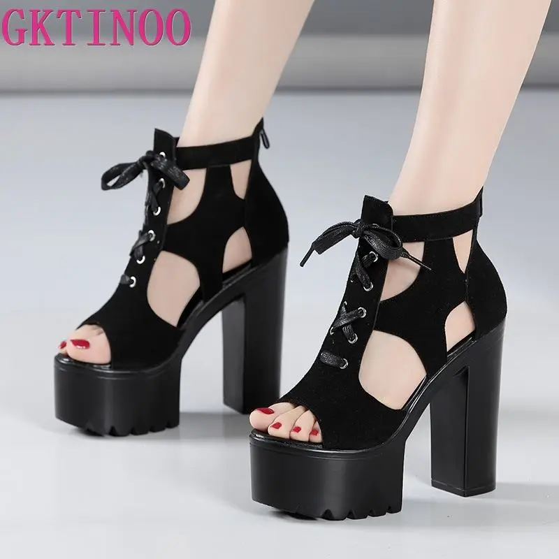 GKTINOO 15cm Heels Platform Sandals Women Shoes 2020 Summer Bandage High Gladiator Ladies Party Model 33-43 | Обувь