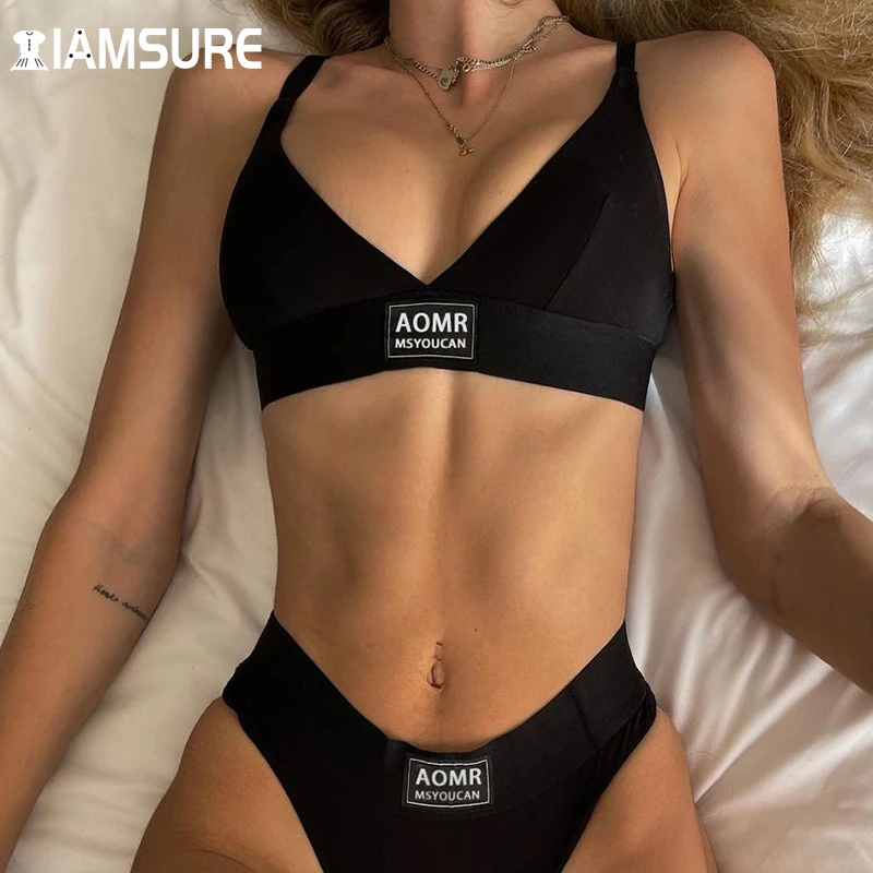 IAMSURE Letter Embroidery Black Basic Bra And Brief Sets Sexy Women Intimates Underwear Summer Camis Lingerie Low Waisted Panty matching bra and panties