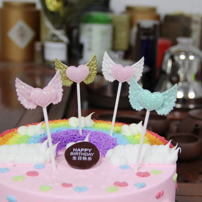 

1pcs Glitter Ange Wings Heart Cake Topper Baby Shower Party Cupcake Toppers Wedding Birthday Party Cake Decoration Flags