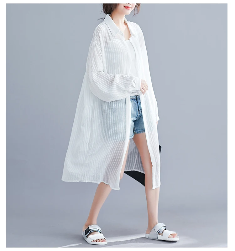 Korean Loose Long Women Sunscreen Trench Coat Summer Turn-down Collar Long Sleeve Striped Causal Women Coats New AE804