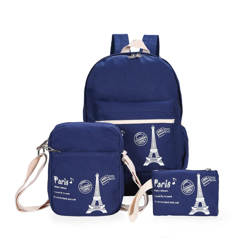 

2017 New Style Fashion Casual Canvas Backpack Eiffel Iron Tower Three-piece Set Men And Women School Bag Backpack
