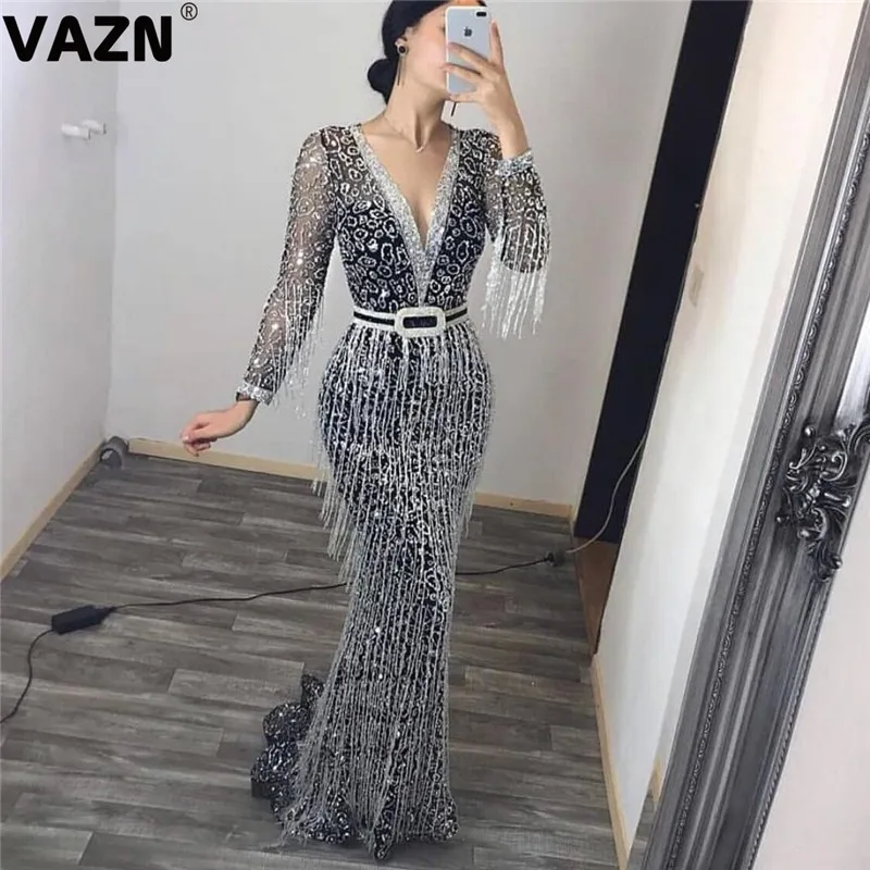 VAZN Новое сексуальное платье с кисточками для ночного клуба, Платье макси с длинным рукавом и глубоким v-образным вырезом