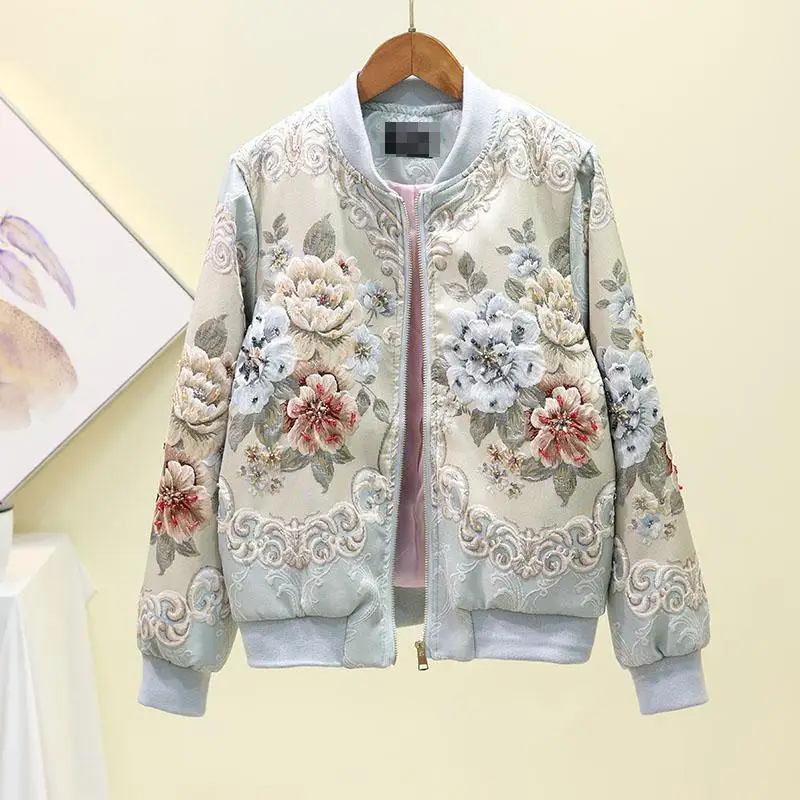 discounted  Womens Autumn Fashion Heavy Industry Nail Bead Baseball Clothes Diamonds Jacket 2019 Ladies Flowers