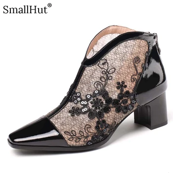 

Summer Mesh Ankle Boots Women Genuine Cow Leather Ladies Mid Heels G096 Fashion Zipper Woman Black Green Pink Square Toe Shoes