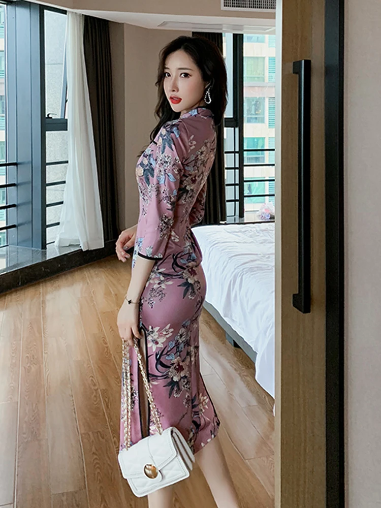 Китайское платье с цветочным принтом, платье в восточном стиле, qipao, улучшенное, cheongsam, сексуальное, qipao, Платья для вечеринок, униформа для ночного клуба