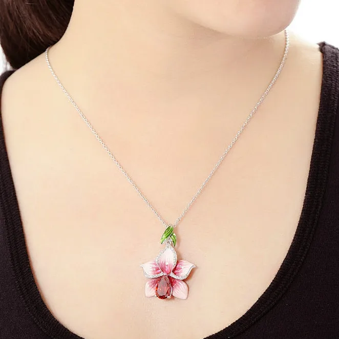 Женский модный большой цветок Персиковый Цветок розовый эмаль серебряный кулон ожерелье цепочка до ключицы Шарм ожерелье Свадебные ювелирные изделия для вечернего наряда