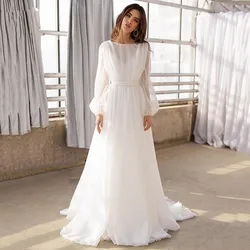 Beach Wedding Dresses A-line Long Sleeves Chiffon Boho Backless Dubai Arabic Wedding Gown Bridal Dress Vestido De Noiva