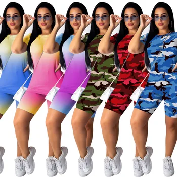 

Summer 2 Piece Matching Sets Women Printed Short Sleeve T Shirts And Bodycon Biker Shorts Set Summer Outfit Camouflage Tracksuit