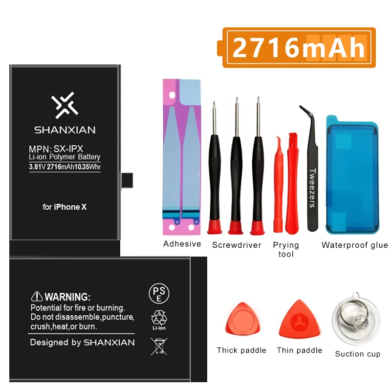 

SHANXIAN Preminum battery replacement for iPhone X Real capacity 2716mAh Zero Cycle with Free tools and PSE CE UN38.3 UL certifi