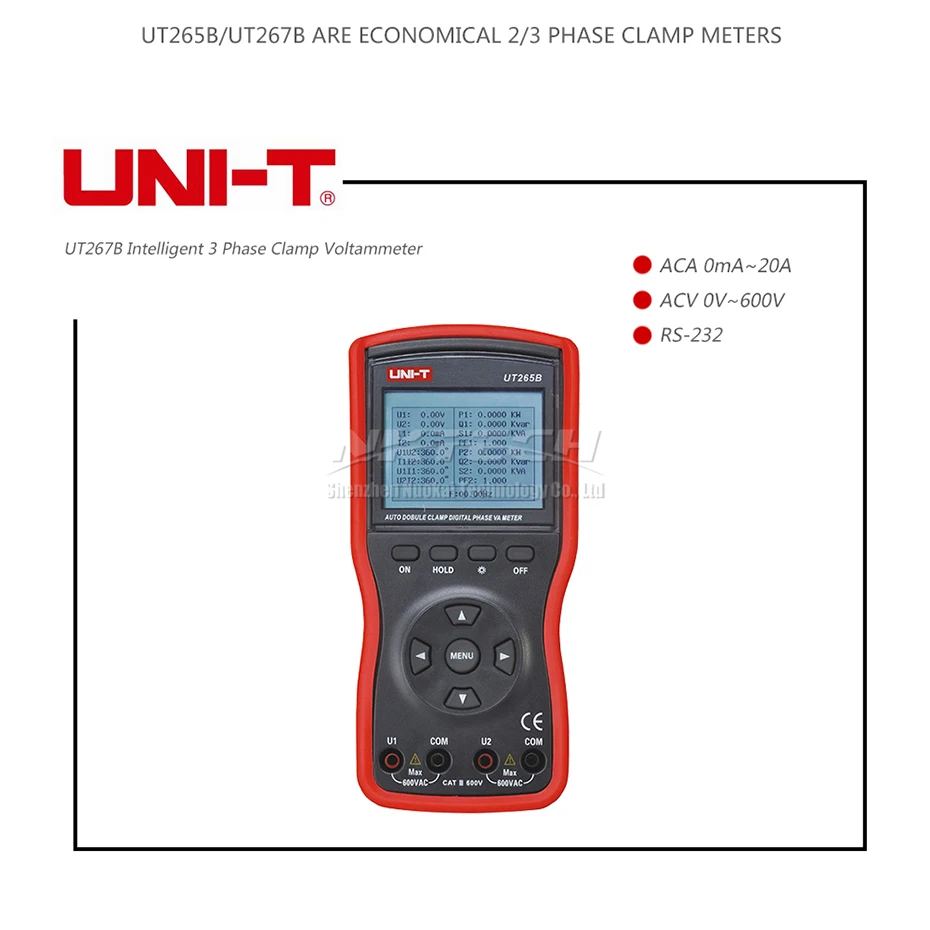 UNI-T UT265B UT267B интеллигентая(ый) 2-фазный двойной зажим вольтамперметр Автоматический цифровой фазометр RS232 передачи данных переменного тока постоянного тока Вольт Ампер Гц